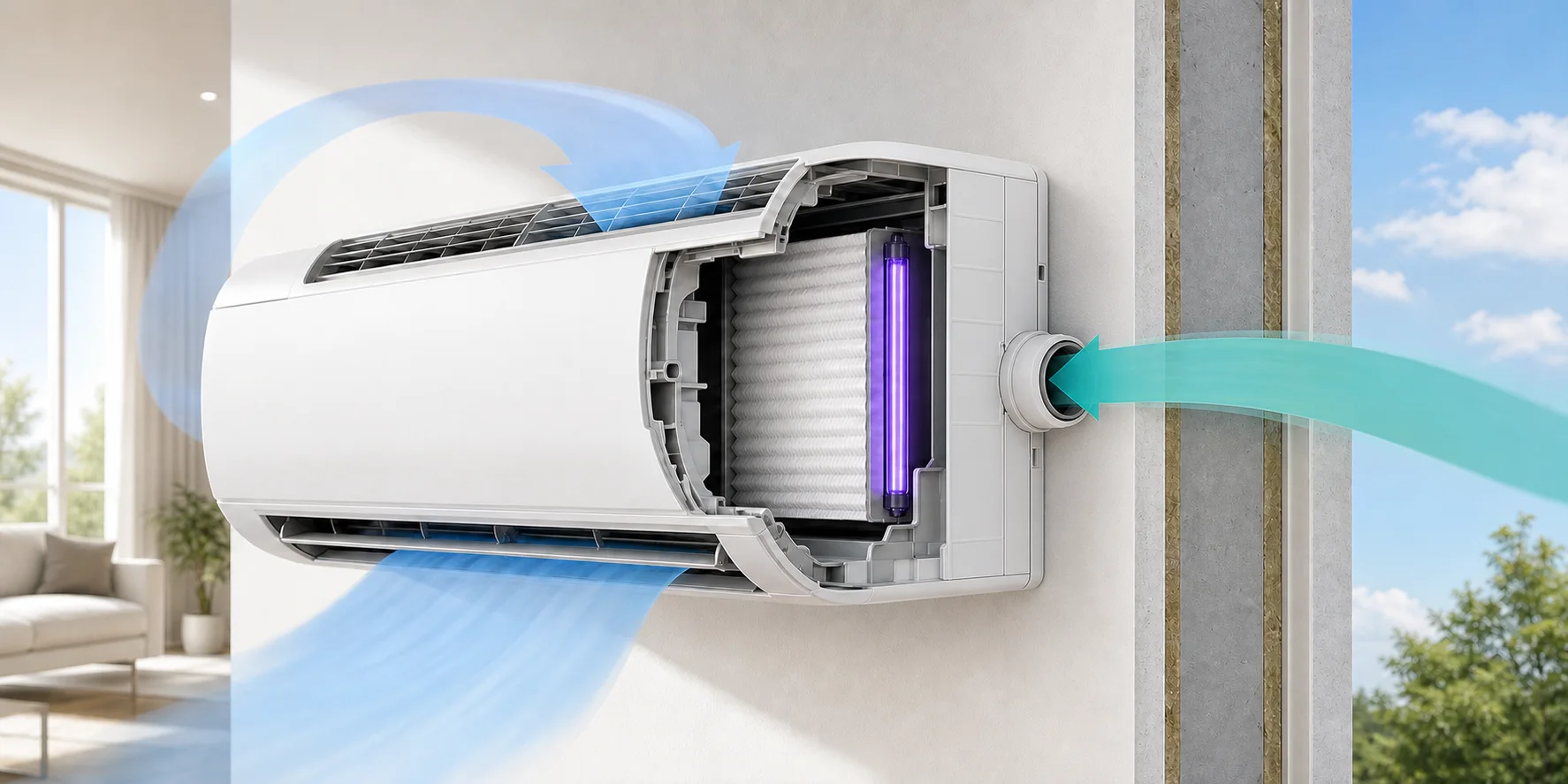Устройство Royal Clima Royal Fresh: отдельный приток воздуха, фильтр HEPA H11 и внутренняя УФ-обработка
